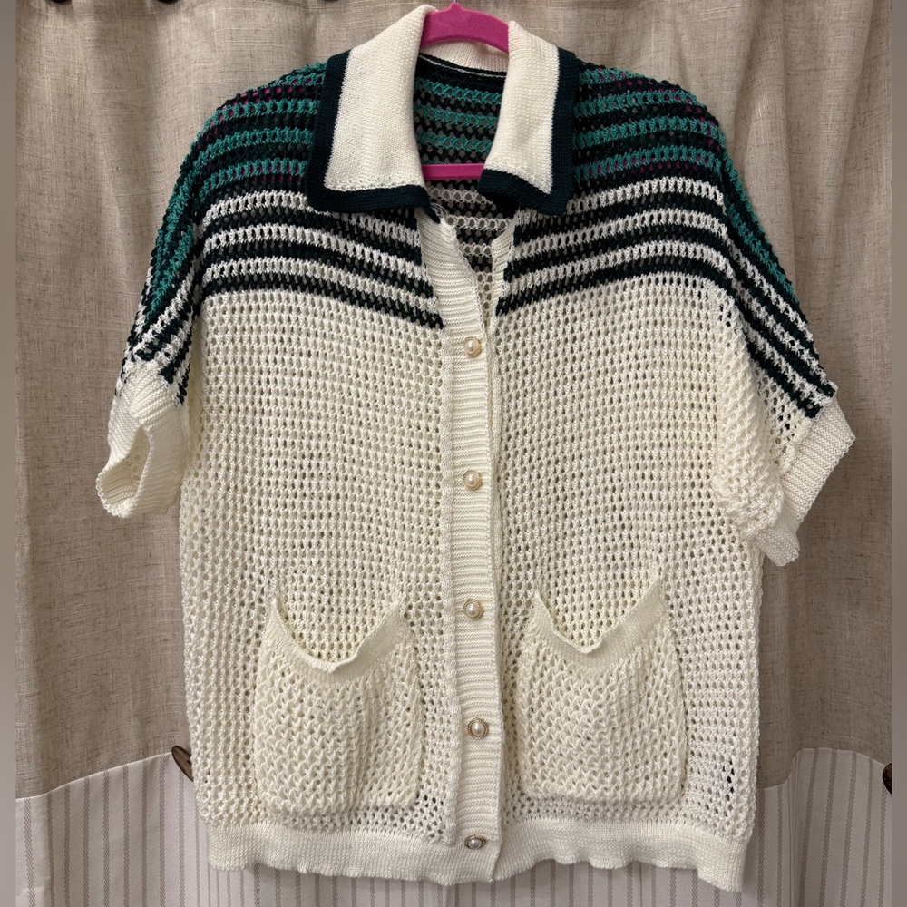 SHEIN Cream and Green Striped Cardigan